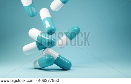 A Group Of Antibiotic Pill Capsules Fallling. Healthcare And Medical 3d Illustration Background.