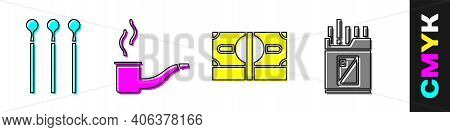 Set Matches, Smoking Pipe, Stacks Paper Money Cash And Open Cigarettes Pack Box Icon. Vector