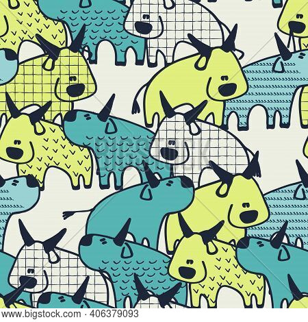 Seamless Pattern With Oxen, Chinese Zodiac Animal For 2021. Bulls In Cartoon Style. Perfect Design F