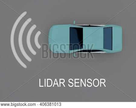 3d Illustration Of Lidar Sensor Title Under An Autonomous Car With Symbolic Laser Light, Isolatet Ov
