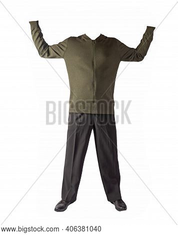 Men's Dark Green Knitten Bomber Jacket ,black Pants  And Black  Leather Shoes Isolated On White Back