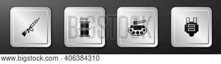 Set Sniper Rifle With Scope, Hand Smoke Grenade, Military Tank And Bulletproof Vest Icon. Silver Squ