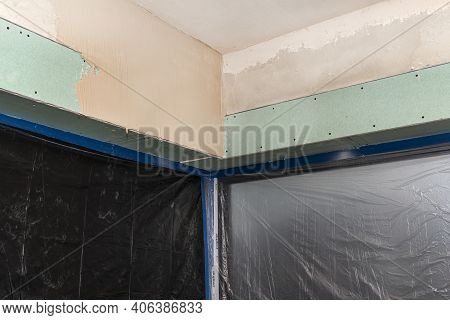 Installation For External Roller Shutters Made Of Plasterboard Inside The Building, Windows Are Cove