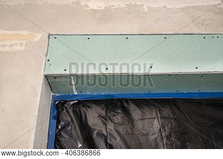 Installation For External Roller Shutters Made Of Plasterboard Inside The Building, Windows Are Cove