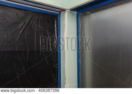 Installation For External Roller Shutters Made Of Plasterboard Inside The Building, Windows Are Cove