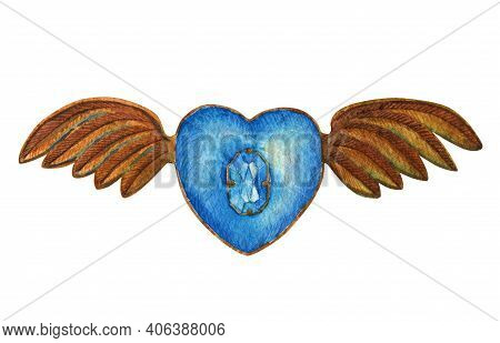 Antique Jewelry Blue Heart With Wings. Watercolor Bronze Heart.