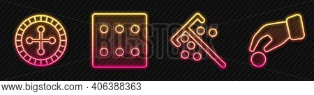 Set Line Stick For Chips, Casino Roulette Wheel, Game Dice And Hand Holding Casino Chips. Glowing Ne