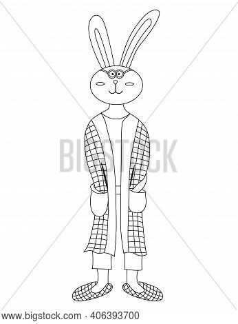Cute Cartoon Rabbit Coloring Page. Rabbit In Robe And Slippers. Rabbit Wake Up In The Morning. Color
