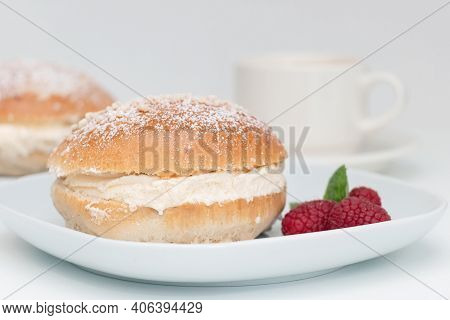 Traditional Scandinavian Sweet Buns With Strawberry Jam And Whipped Cream, Shrove Tuesday. Laskiaisp