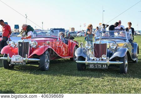 Dieppe, France - September 01, 2018: Dashboard Of An Old English Car Mg. Vintage Car Dieppe Retro