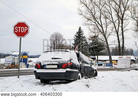 Abandoned Car In The Ditch After The Traffic Accident. The Driver Didn´t Give Way To The Other Car. 