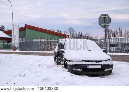 Abandoned Car In The Ditch After The Traffic Accident. The Driver Didn´t Give Way To The Other Car. 