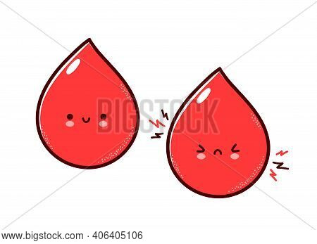 Cute Healthy And Sick Sad Funny Human Blood Organ Character. Vector Flat Line Cartoon Kawaii Charact