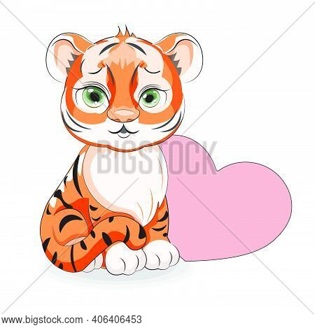 Cute  Baby Tiger Symbol 2022, 2034 New Year With Heart, Picture In Hand Drawing Cartoon Style, For T