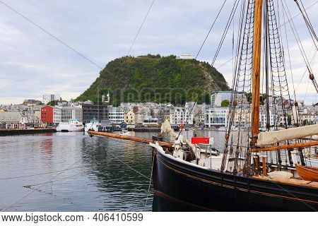 Alesund City, Norway. Downtown Alesund With Aksla Mountain.