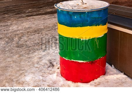 Creative Multi-colored Barrel Ashtray Near The Bar, Rainbow Colored Barrel, Lgbt Colors