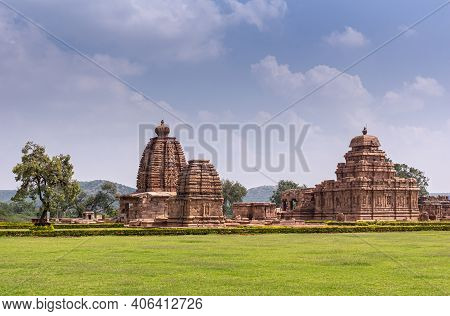 Bagalakote, Karnataka, India - November 7, 2013: Pattadakal Temple Complex. Wide Green Park Landscap