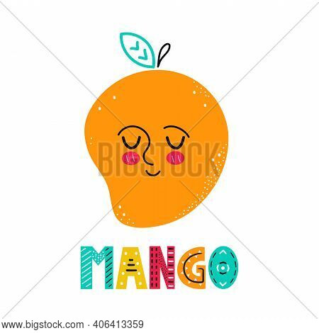 Cute Happy Smile Mango Fruit. Vector Simple Flat Cartoon Scandinavian Character Hand Drawn Illustrat