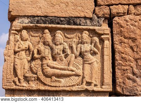 Bagalakote, Karnataka, India - November 7, 2013: Pattadakal Temple Complex. Closeup Of Damaged Brown