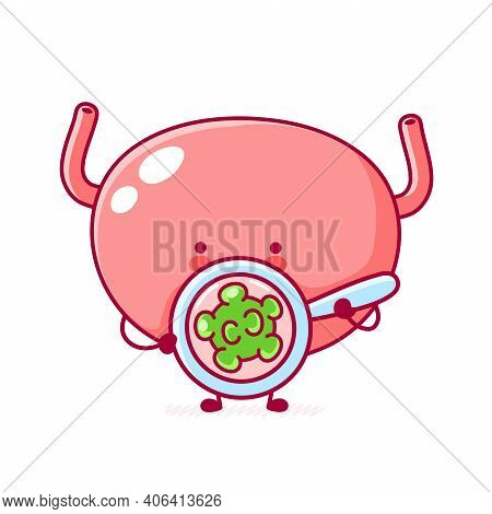 Cute Funny Human Bladder Organ Character Look At Virus. Vector Flat Line Cartoon Kawaii Character Il