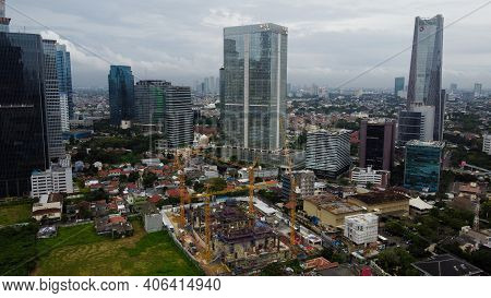 Aerial View Of Bni Life Building In Jakarta And Noise Cloud With Cityscape. Bni Life Is The Best Ins
