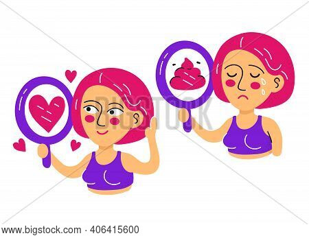 Cute Woman Look At Mirror Set. Vector Flat Cartoon Kawaii Character Hand Drawn Illustration Icon. Is