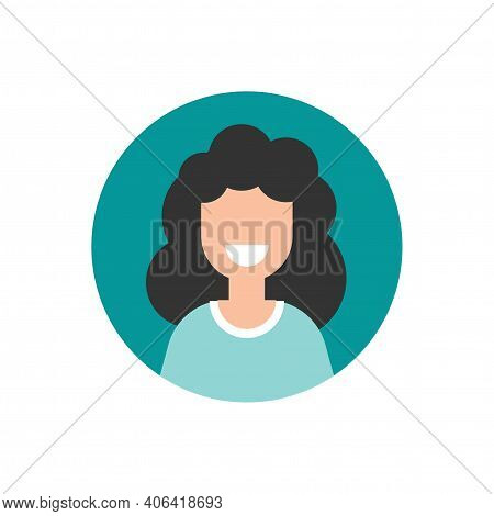 Girl With Smile Avatar. Cute Happy Woman Face Flat Icon In Blue Circle Isolated On White. Person Cha