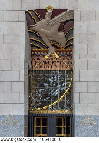 New York,usa-march 6,2020: Entrance To The Top Of The Rock Building From Rockefeller Center, In Rock