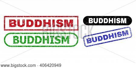 Buddhism Grunge Stamps. Flat Vector Distress Stamps With Buddhism Tag Inside Different Rectangle And