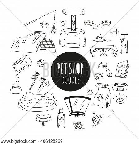 Big Doodle Set With Pets Stuff And Supply Icons Set. Vector Illustration In Hand Drawn Style. Vet Sy