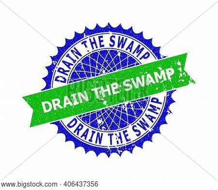Vector Drain The Swamp Bicolor Seal With Rubber Texture. Blue And Green Colors. Flat Seal Stamp With