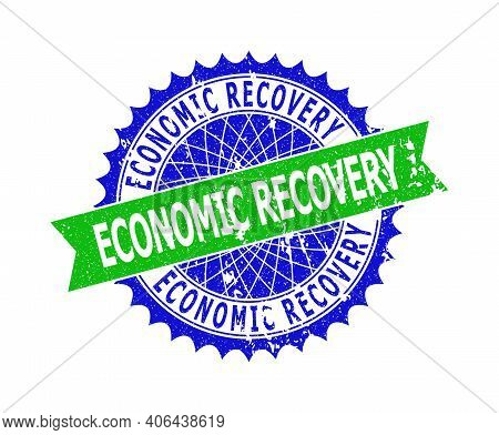 Vector Economic Recovery Bicolor Stamp Seal With Grunged Texture. Blue And Green Colors. Flat Seal S