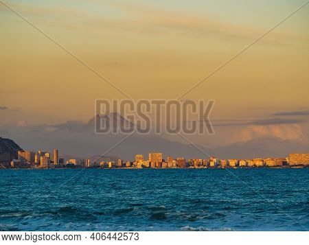 Panoramic View On Mediterranean Coast Seaside Spanish Alacant City On The Costa Blanca, Valencia, Sp