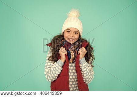 Cold Winter Days. Vacation Time. Stay Active During Season. Kid Wear Knitted Warm Clothes. Winter Vi