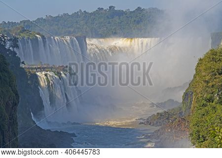 Looking At The Devils Throat In Iguazu Falls In Brazil