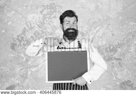 Looking Great. Best Cuisine Here. Welcome On Board. Brutal Man Hipster Hold Blackboard, Copy Space. 