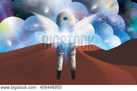 Astronaut on another planet. Multiverse on horizon. 3D rendering