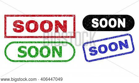 Soon Grunge Watermarks. Flat Vector Distress Watermarks With Soon Tag Inside Different Rectangle And