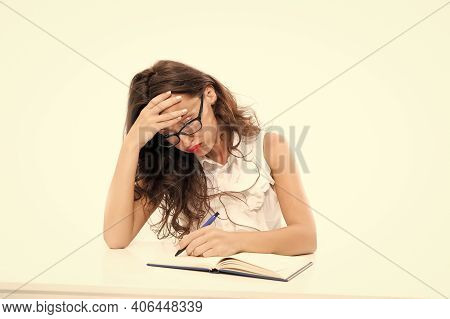 Hard Working Day. Student Busy At Work. Back To School. Concentrated On Lesson Or Exam. Woman Write 