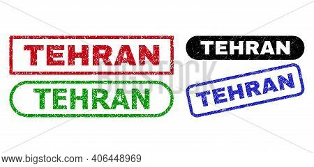 Tehran Grunge Watermarks. Flat Vector Grunge Stamps With Tehran Tag Inside Different Rectangle And R