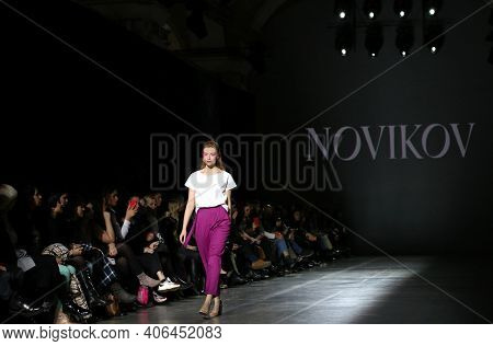 Kyiv, Ukraine - February 5, 2020: Model Presents A Collection Of Clothes By Designer Novikov During 