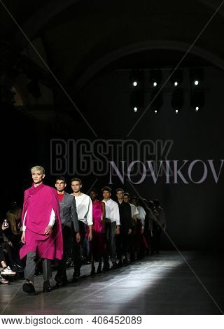 Kyiv, Ukraine - February 5, 2020: Models Present A Collection Of Clothes By Designer Novikov During 