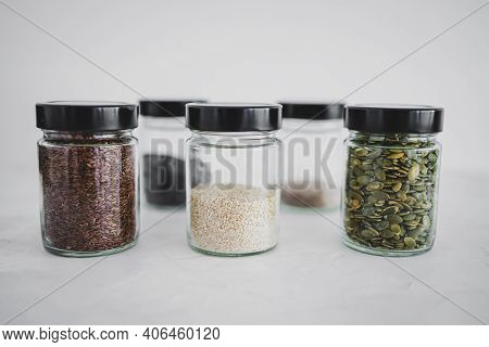 Seed Jars With Sesame Poppy Pupmkin Chia And Flax Seeds As Important Nutrient Sources For Nutrition
