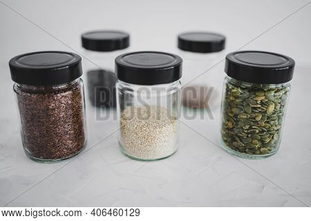 Seed Jars With Sesame Poppy Pupmkin Chia And Flax Seeds As Important Nutrient Sources For Nutrition