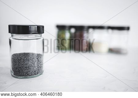 Seed Jars With Sesame Poppy Pupmkin Chia And Flax Seeds As Important Nutrient Sources For Nutrition