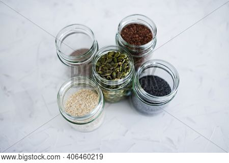 Seed Jars With Sesame Poppy Pupmkin Chia And Flax Seeds As Important Nutrient Sources For Nutrition