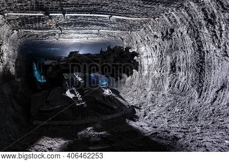 Shearer Drill Head In A Coal Mine. Extraction Of Coal By Underground Method.