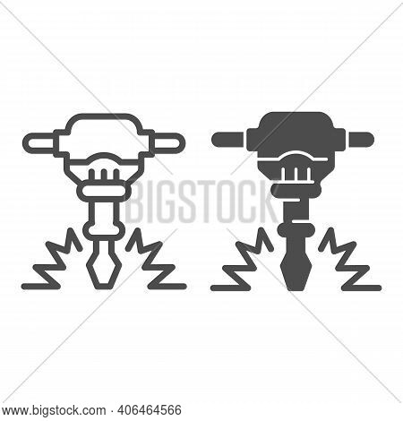 Construction Jackhammer Line And Solid Icon, Labour Day Concept, Concrete Breaker Sign On White Back