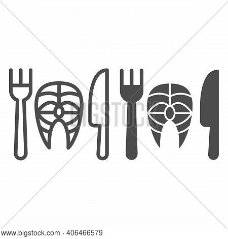 Fork With Knife And Fish Line And Solid Icon, Diet Concept, Healthy Dish Sign On White Background, F