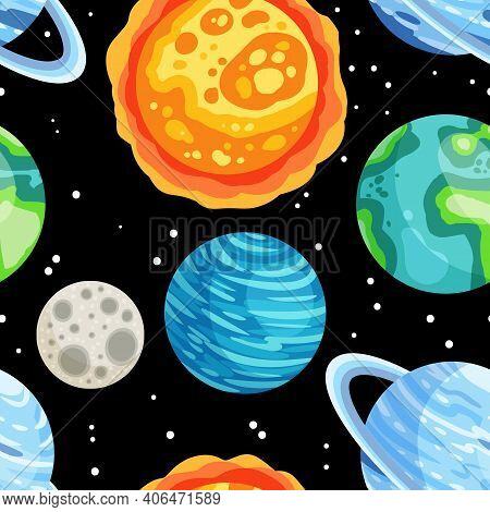 Planets, Stars And Satellites On A Starry Sky Space Seamless Pattern Background. Solar System Outer 
